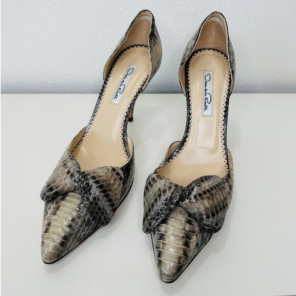 Oscar de la Renta Leather Snakeskin Front Bow Pointed Toe Heel 37 / 6.5 - Picture 2 of 14